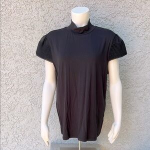 Anne Klein AK Black Shirt Blouse with Pleated Cap Sleeves and Mock Neck 1X